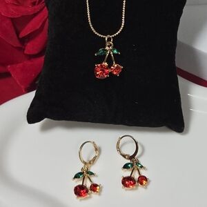 Red Rhinestone Cherry Necklace & Earring Set | Gold Fruitcore Jewelry 3pc Set